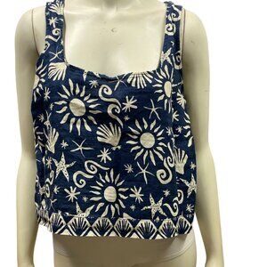 C&C California Womens Blue‎ & White Sun & Stars Print Linen Tank Top MD NWT
